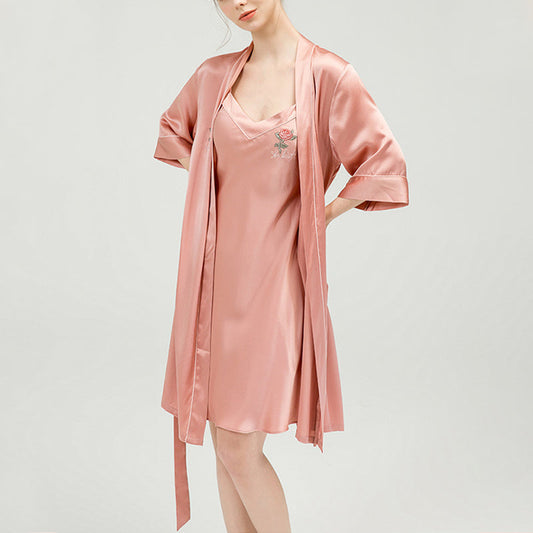 Rose Embroidered Silk Camisole Robe Two-Piece Set