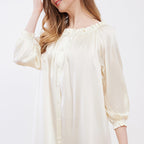 Women Button Ruffled Long Sleeve Silk Nightgown