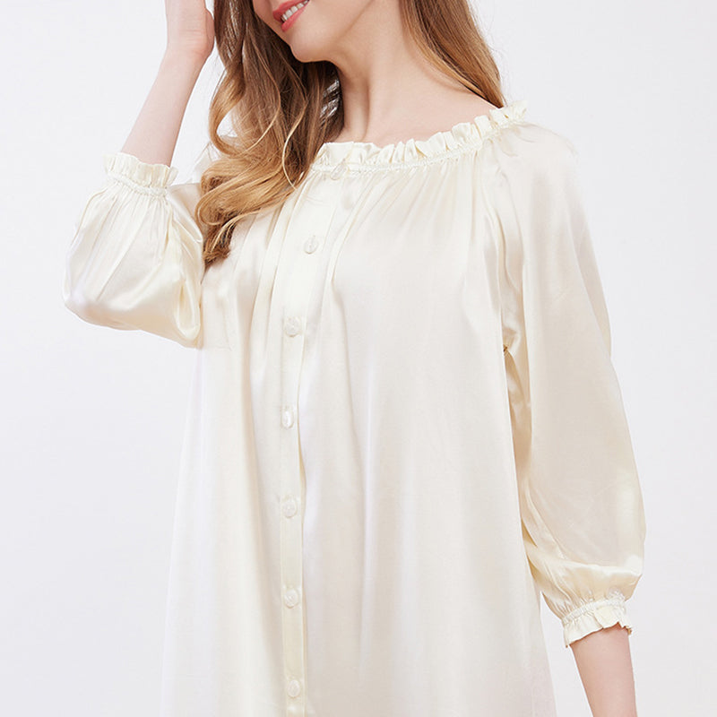 Women Button Ruffled Long Sleeve Silk Nightgown