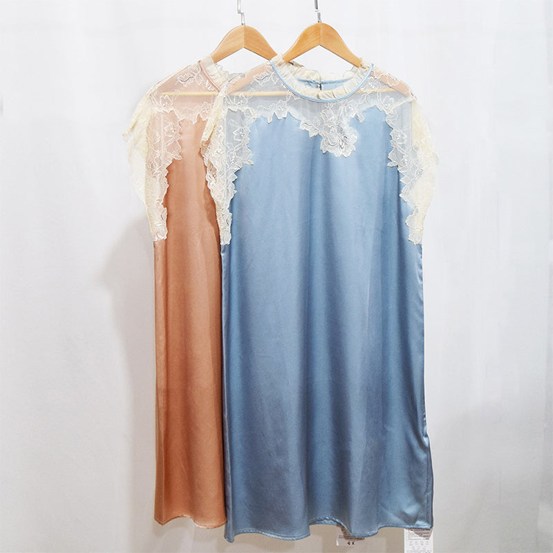 100% Mulberry Silk Women's Sweet Lace Short Sleeve Dress