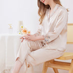 Embroidered Lace Trim Silk Pajama Set