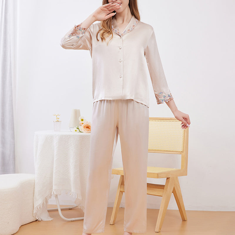 Embroidered Lace Trim Silk Pajama Set