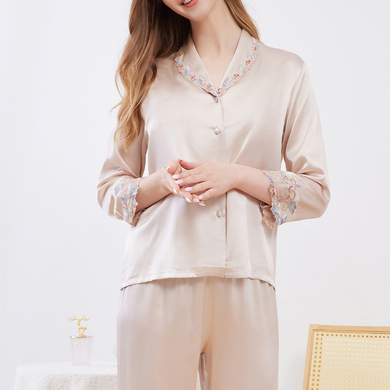 Embroidered Lace Trim Silk Pajama Set