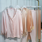 Embroidered Lace Trim Silk Pajama Set