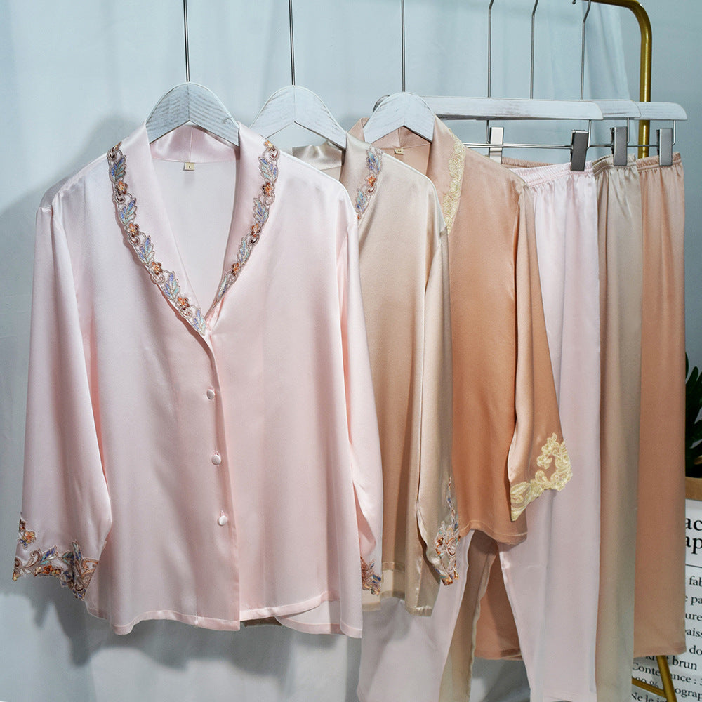 Embroidered Lace Trim Silk Pajama Set