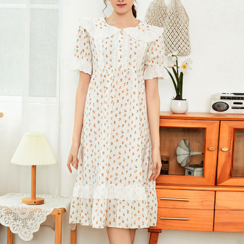 Floral Cotton Short Sleeve Court Style Nightdress