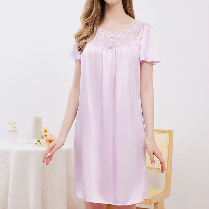 Short Sleeve French Court Style Lace Silk Nightdress