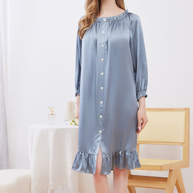 Women Button Ruffled Long Sleeve Silk Nightgown