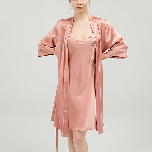 Rose Embroidered Silk Camisole Robe Two-Piece Set