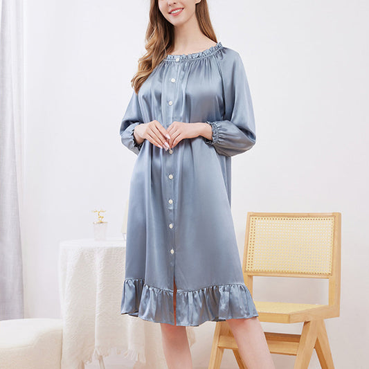 Women Button Ruffled Long Sleeve Silk Nightgown