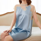 100% Mulberry Silk Women's Sweet Lace Short Sleeve Dress