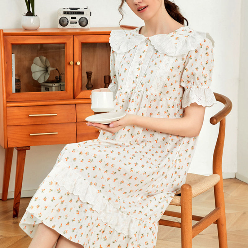 Floral Cotton Short Sleeve Court Style Nightdress