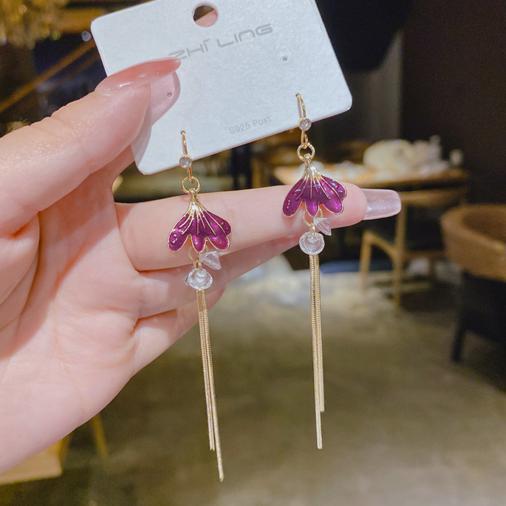 Purple Petal Drop Earrings with Fishtail Tassel