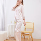 Embroidered Lace Trim Silk Pajama Set