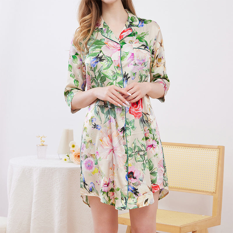 Three Quarter Sleeve Women's Printed Silk Nightdress