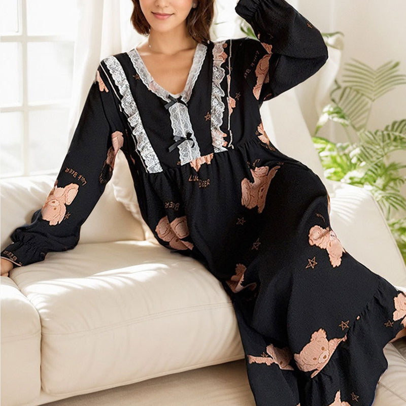 Long Sleeve Bear Printed Loose Night Dress