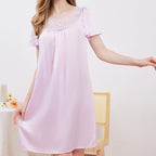 Short Sleeve French Court Style Lace Silk Nightdress