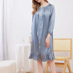 Women Button Ruffled Long Sleeve Silk Nightgown