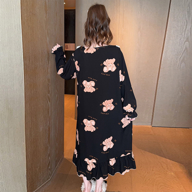 Long Sleeve Bear Printed Loose Night Dress