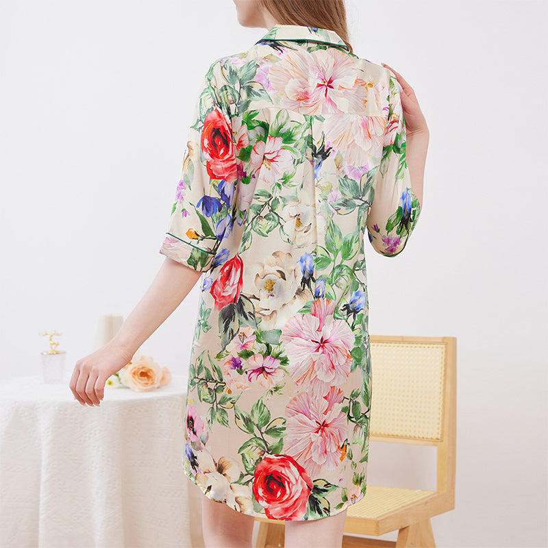 Three Quarter Sleeve Women's Printed Silk Nightdress