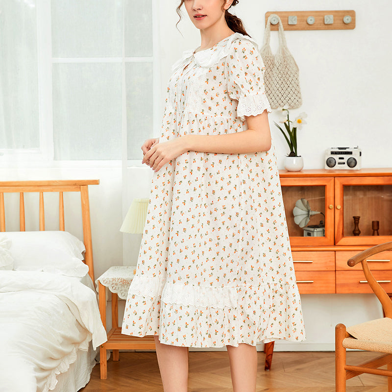 Floral Cotton Short Sleeve Court Style Nightdress