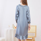 Women Button Ruffled Long Sleeve Silk Nightgown