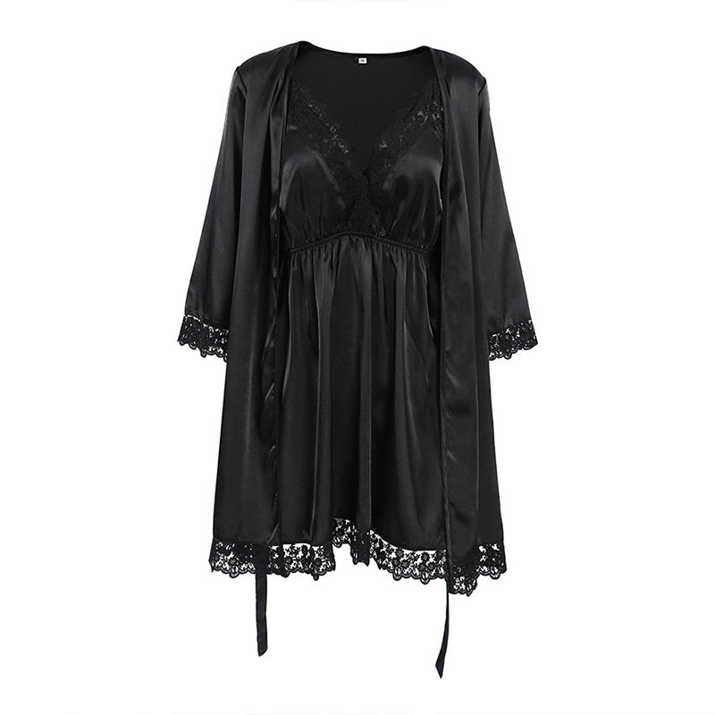 Atin And Lace Robe Two-Piece Set