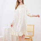 Women Button Ruffled Long Sleeve Silk Nightgown