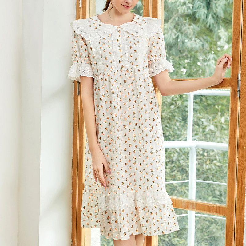 Floral Cotton Short Sleeve Court Style Nightdress