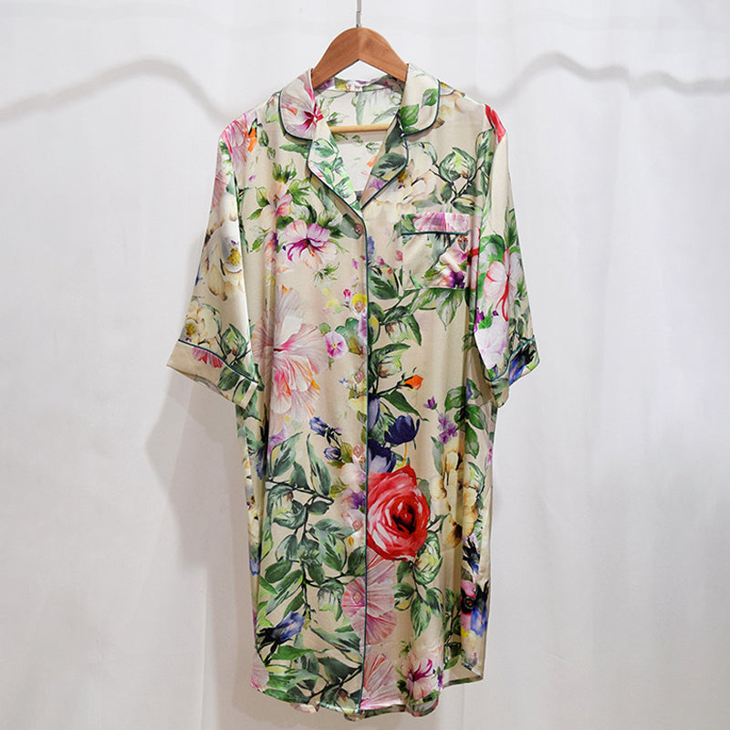 Three Quarter Sleeve Women's Printed Silk Nightdress