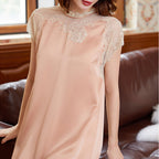 100% Mulberry Silk Women's Sweet Lace Short Sleeve Dress