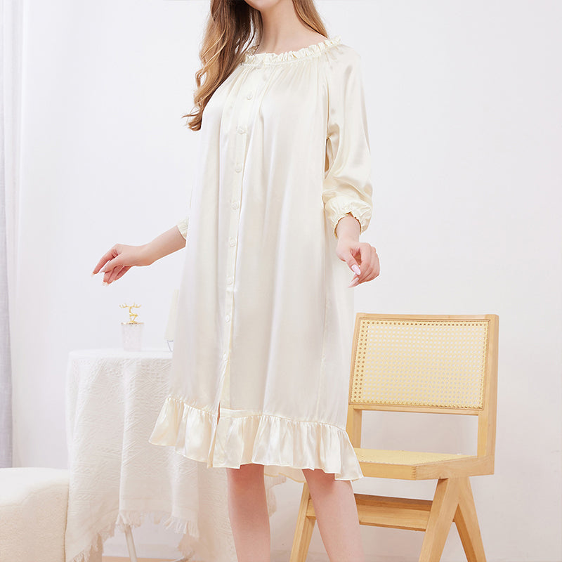 Women Button Ruffled Long Sleeve Silk Nightgown